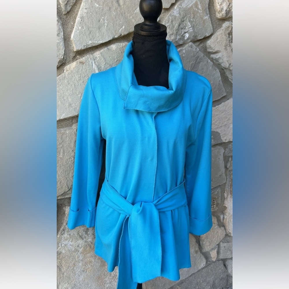 Luii Collared Belted Knit Jacket S M Turquoise‎ Blue Snap Front Collared NWOT